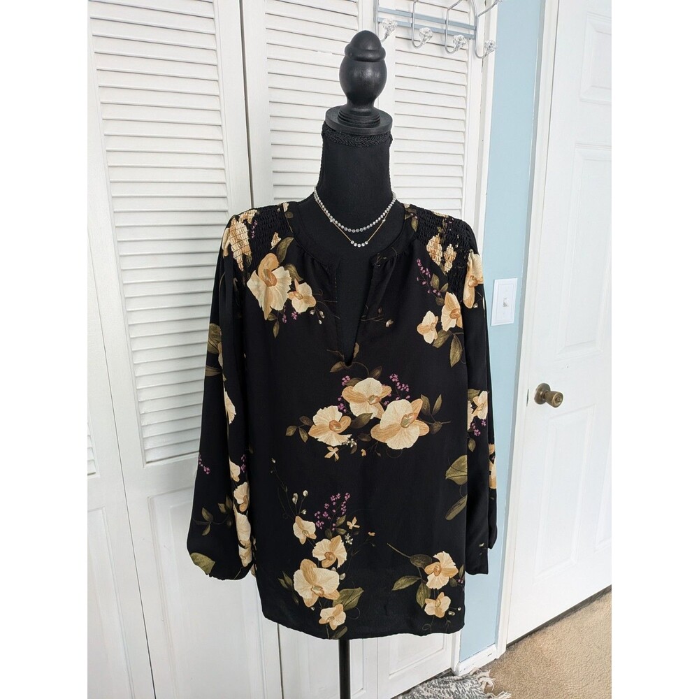 Ava & Viv Popover Top Women's 3X Black Yellow Floral Smocked Balloon Sleeve Boho